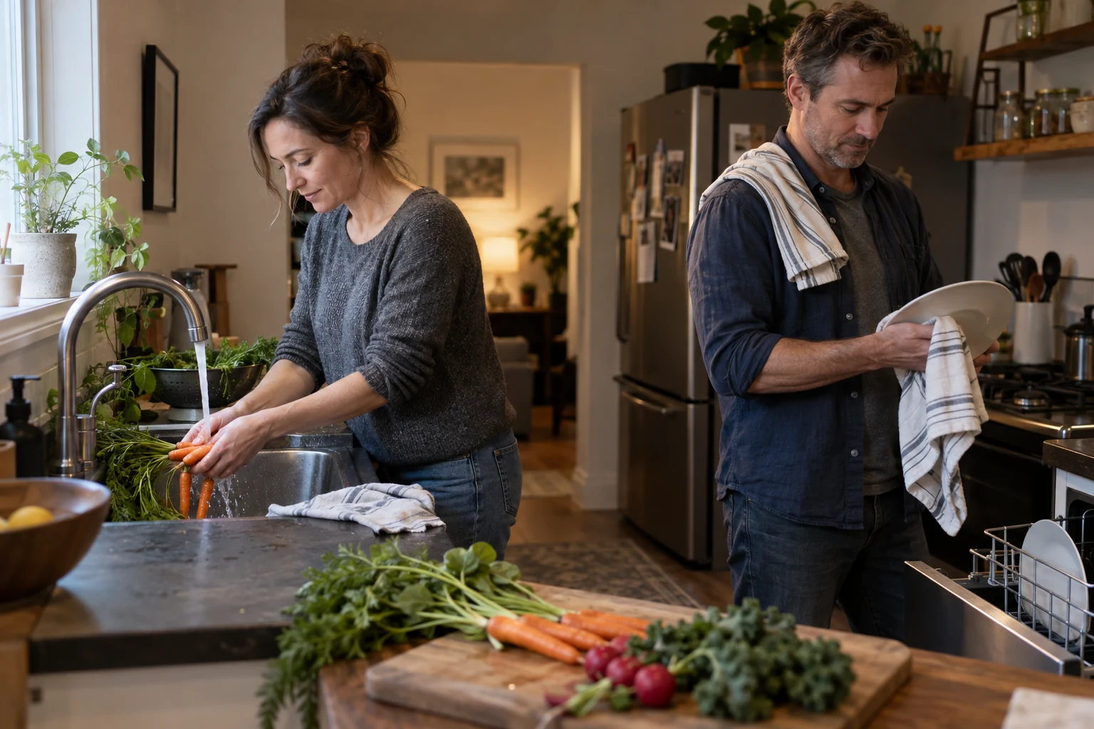 Two adults preparing vegetables and drying dishes in a home kitchen