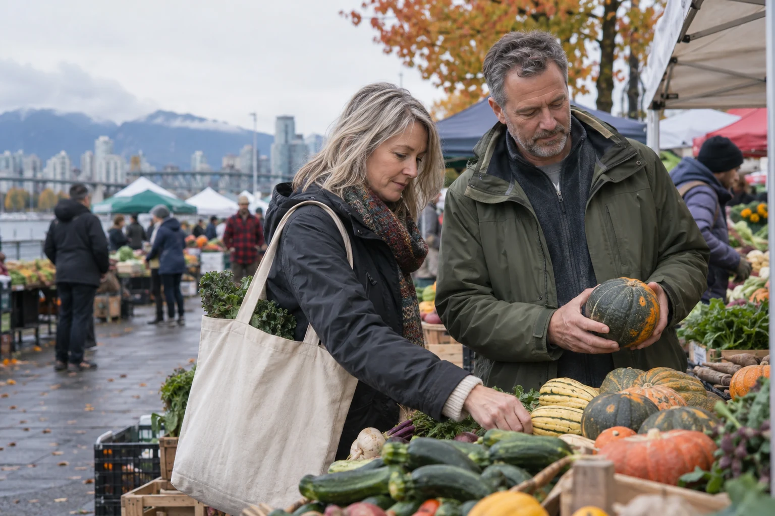Two adults choosing vegetables at an outdoor market
