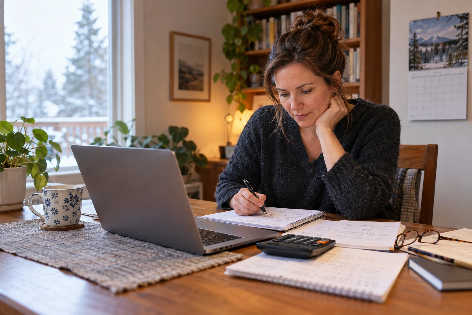 Woman comparing notes at her desk before choosing a dating service