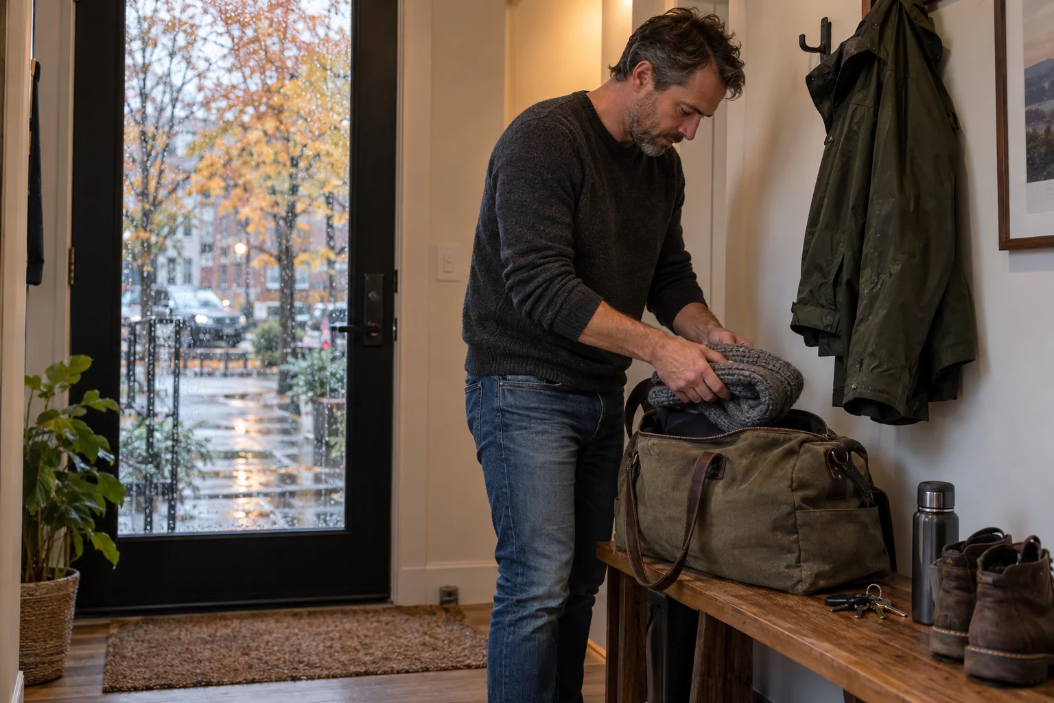 Man packing an overnight bag beside his apartment door