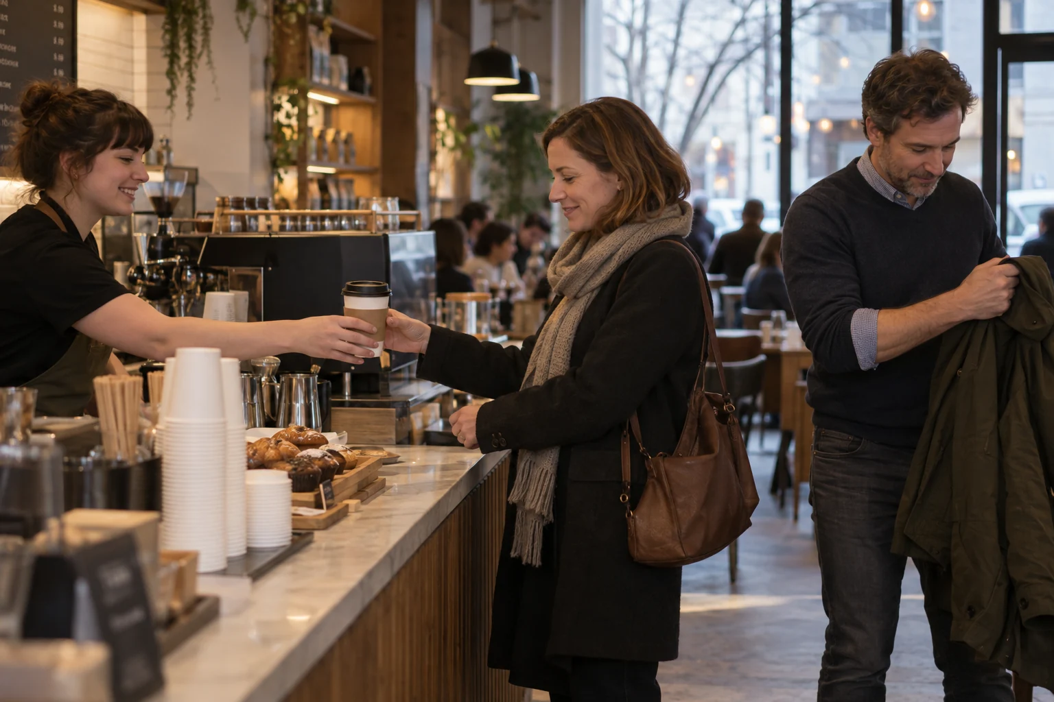 Two adults ordering drinks at a public coffee shop counter