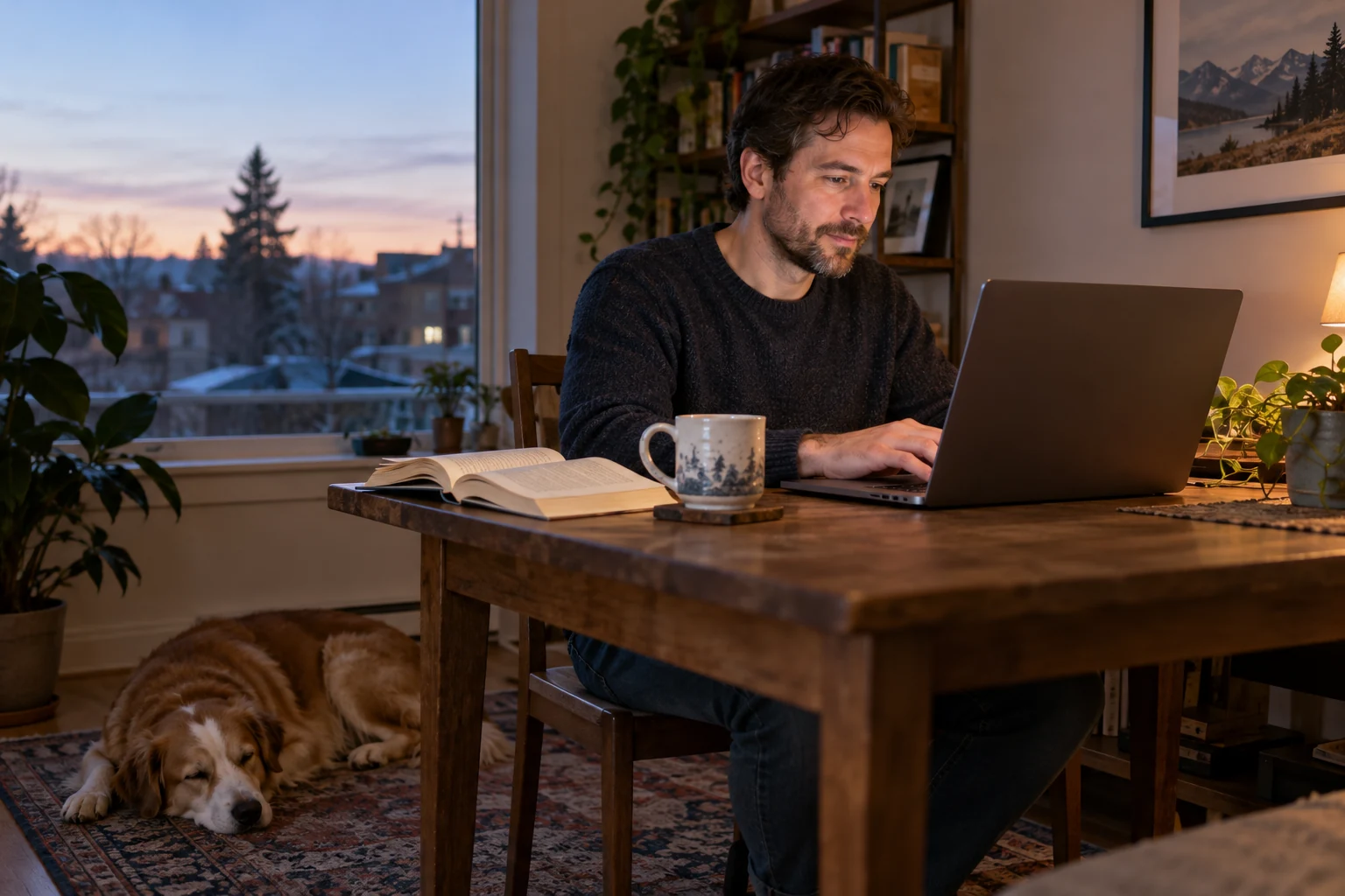 Man writing at a laptop while his dog rests under the desk