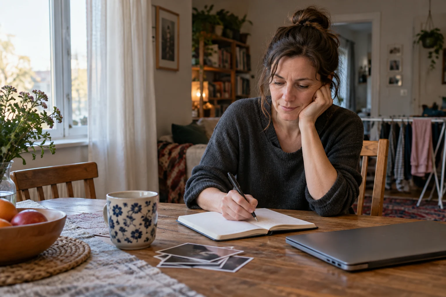 Woman privately drafting a dating introduction at her home table
