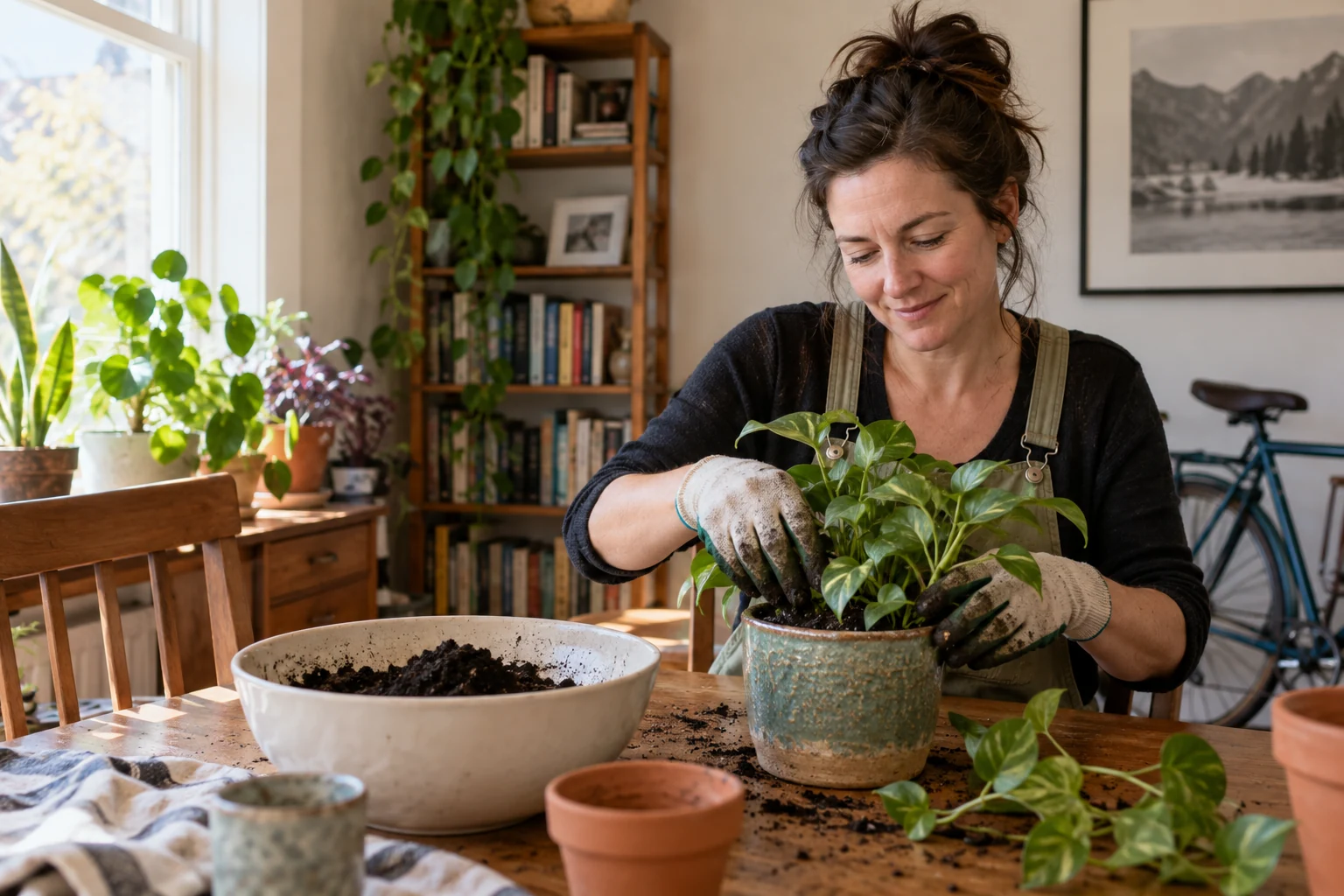 Woman potting a plant at home with gardening supplies