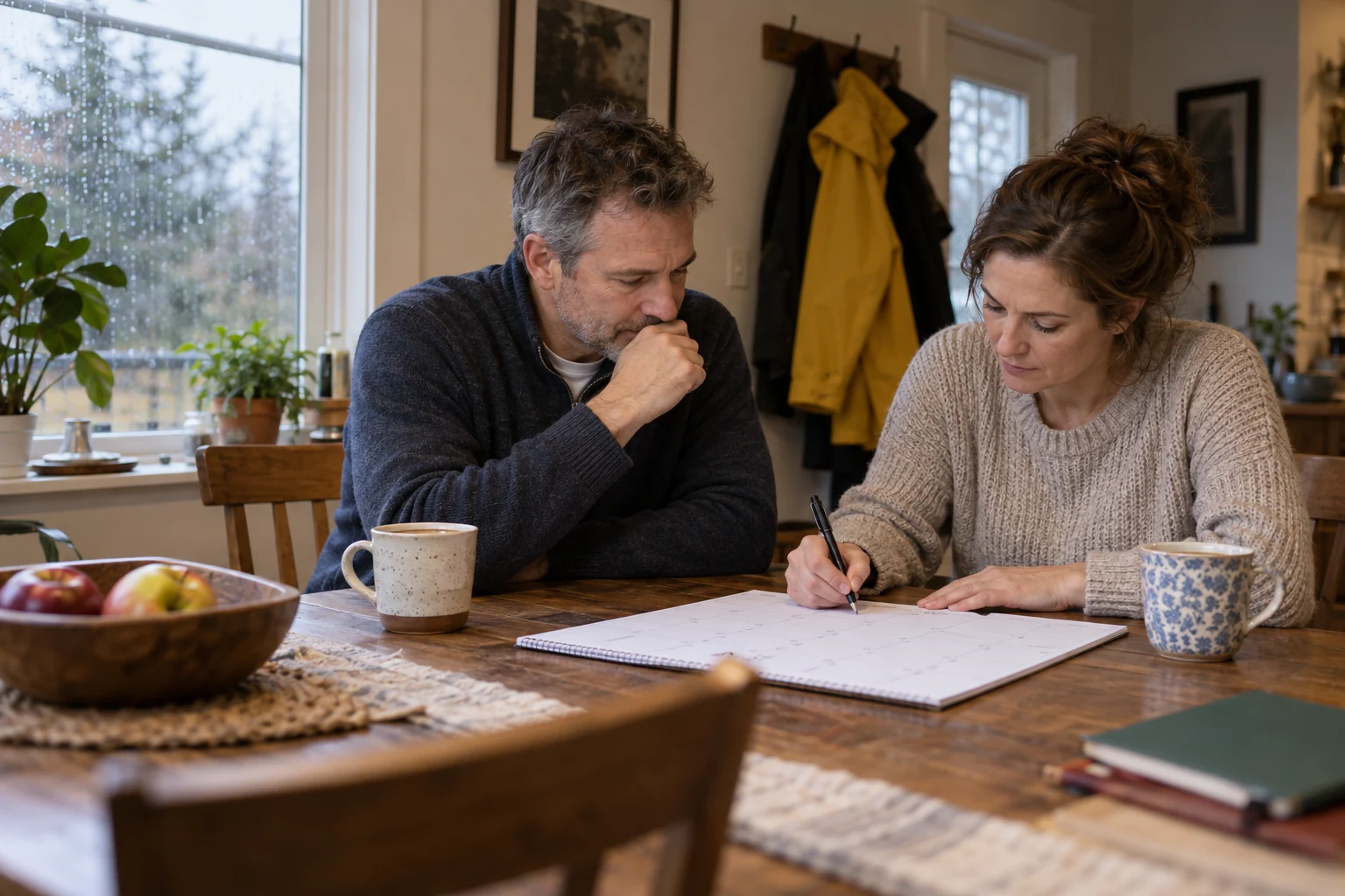 Two adults planning their weeks with a paper calendar