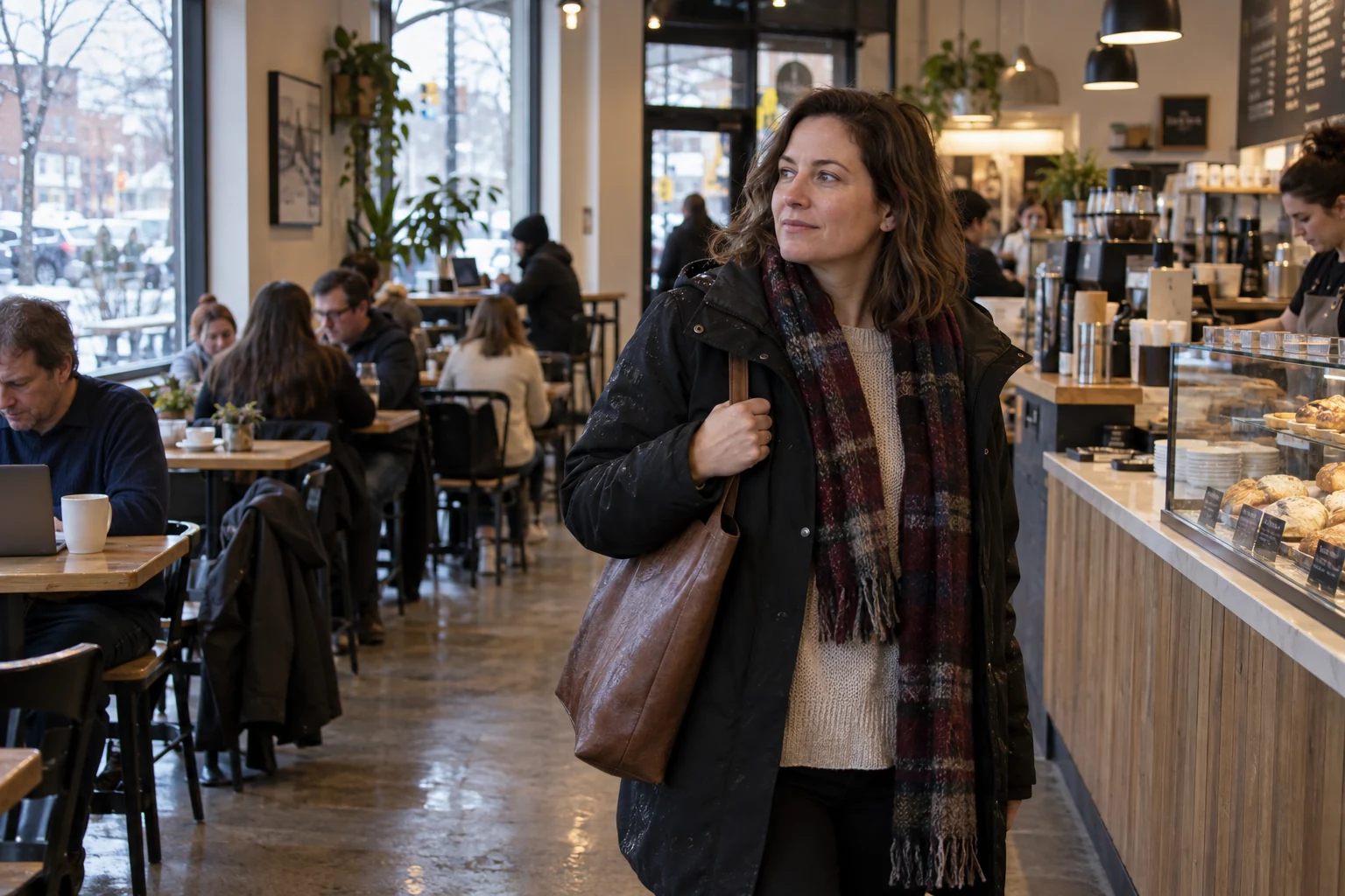 Woman arriving at a staffed public coffee shop in daylight