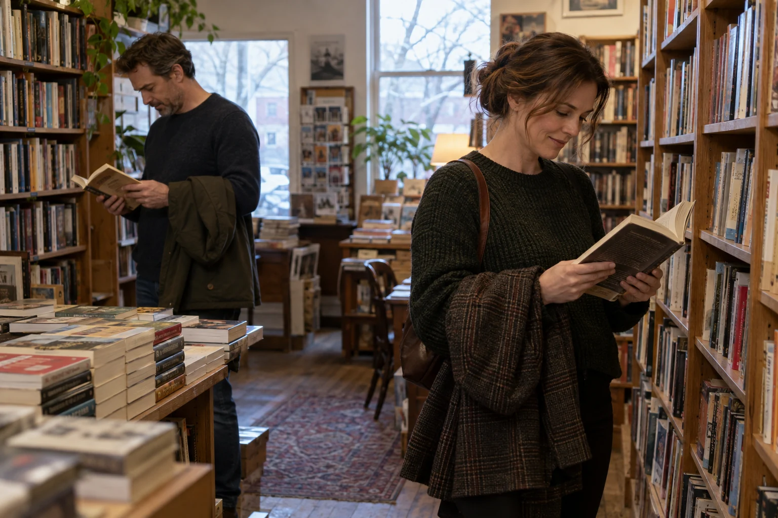 Two adults browsing books on a quiet bookshop outing