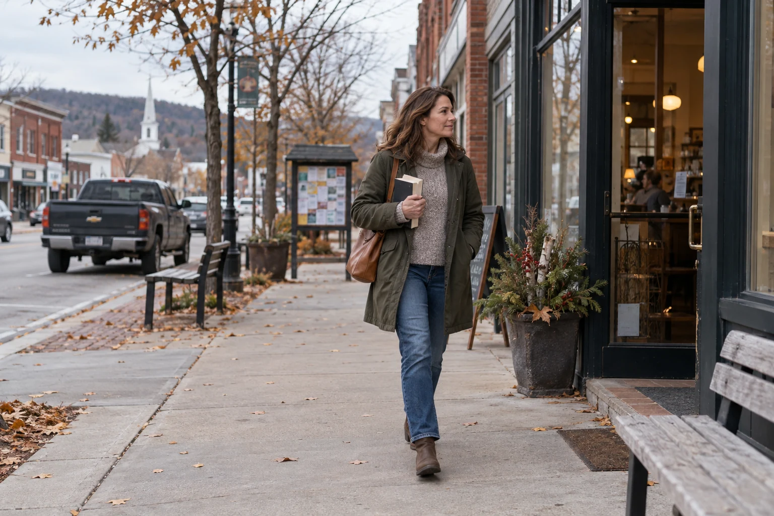 Woman walking toward a public cafe on a small-town main street