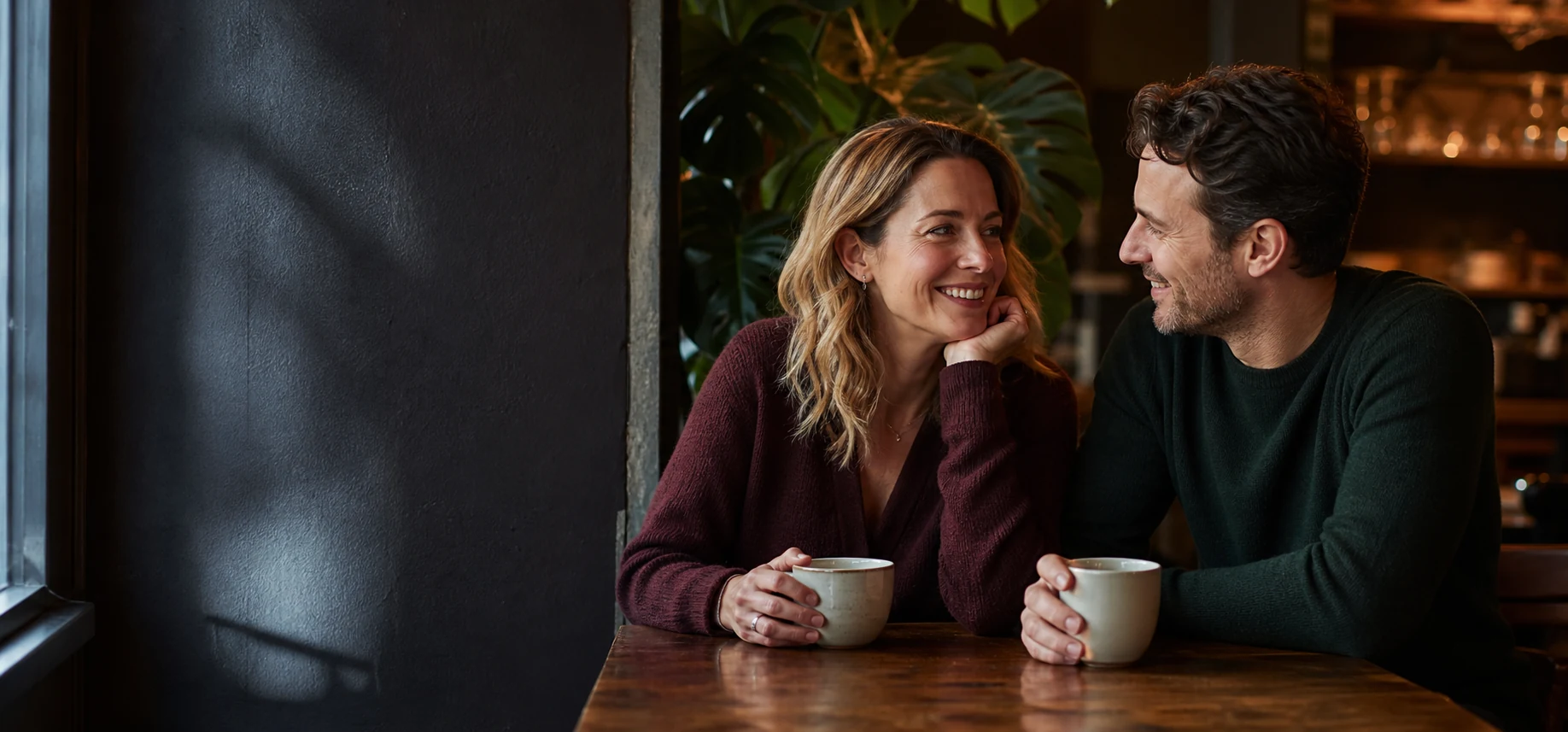 A Canadian couple talking naturally on a relaxed date